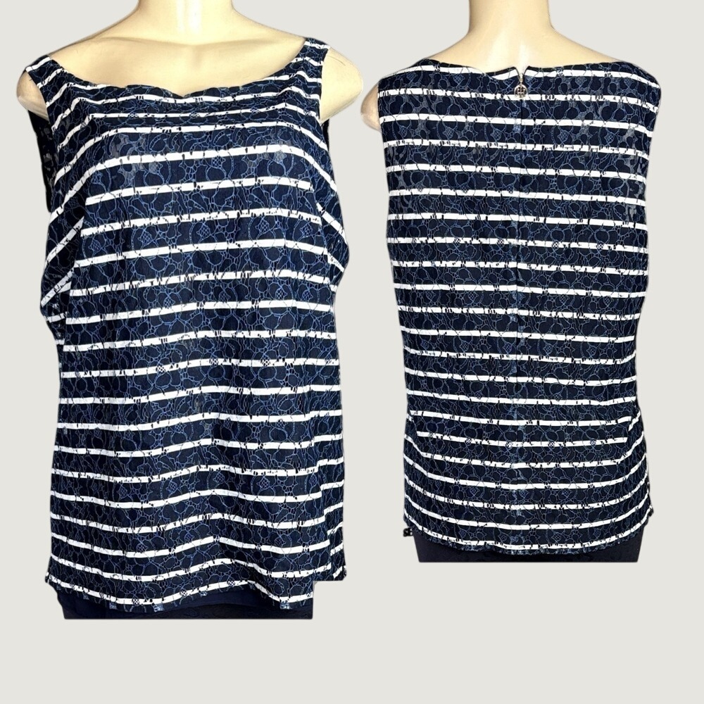 Tommy‎ Hilfiger Womens Navy White Striped Floral Lace Lined Sleeveless Blouse L